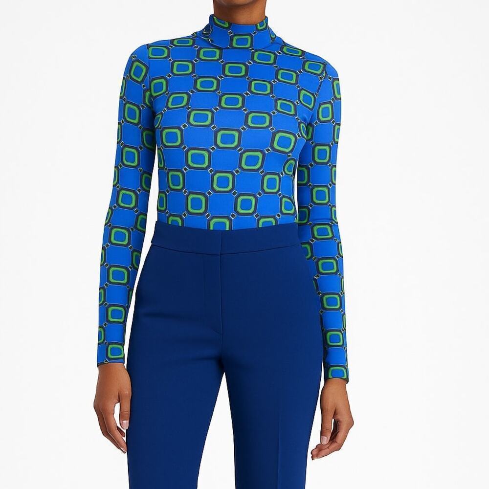 De Loreta Sesamo Printed Mock Neck Jersey Top Retro Square Print Size Large NWT
